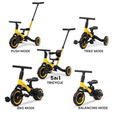 YELLOW 5 in 1 Kids Cycle Tricycle, Baby Tricycle with Eva Wheels, Parental Adjustable Push Handle, Seat, Pedal & Safety Belt 1-4 YEAR